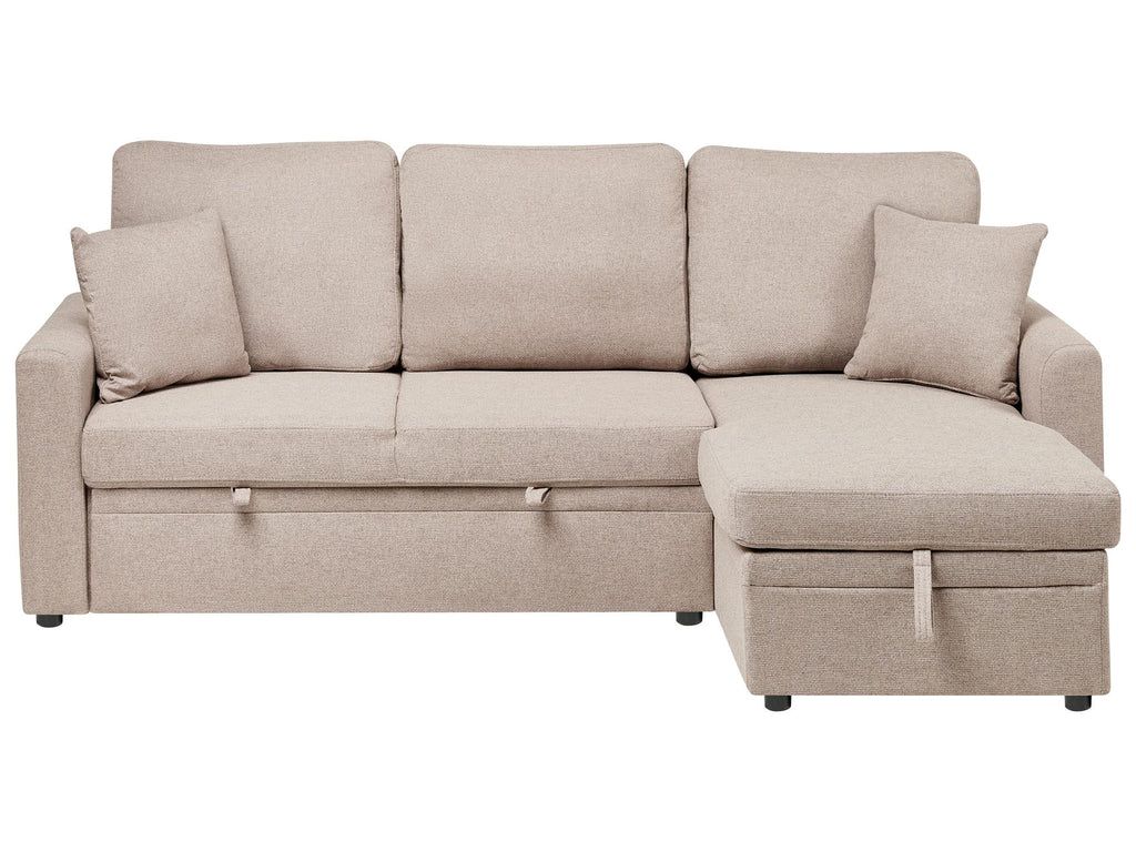 Corner Sofa Bed NASSJO Faux Linen Light Brown with Storage 3 Seater Left Hand