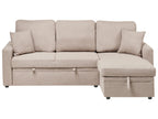 Corner Sofa Bed NASSJO Faux Linen Light Brown with Storage 3 Seater Left Hand