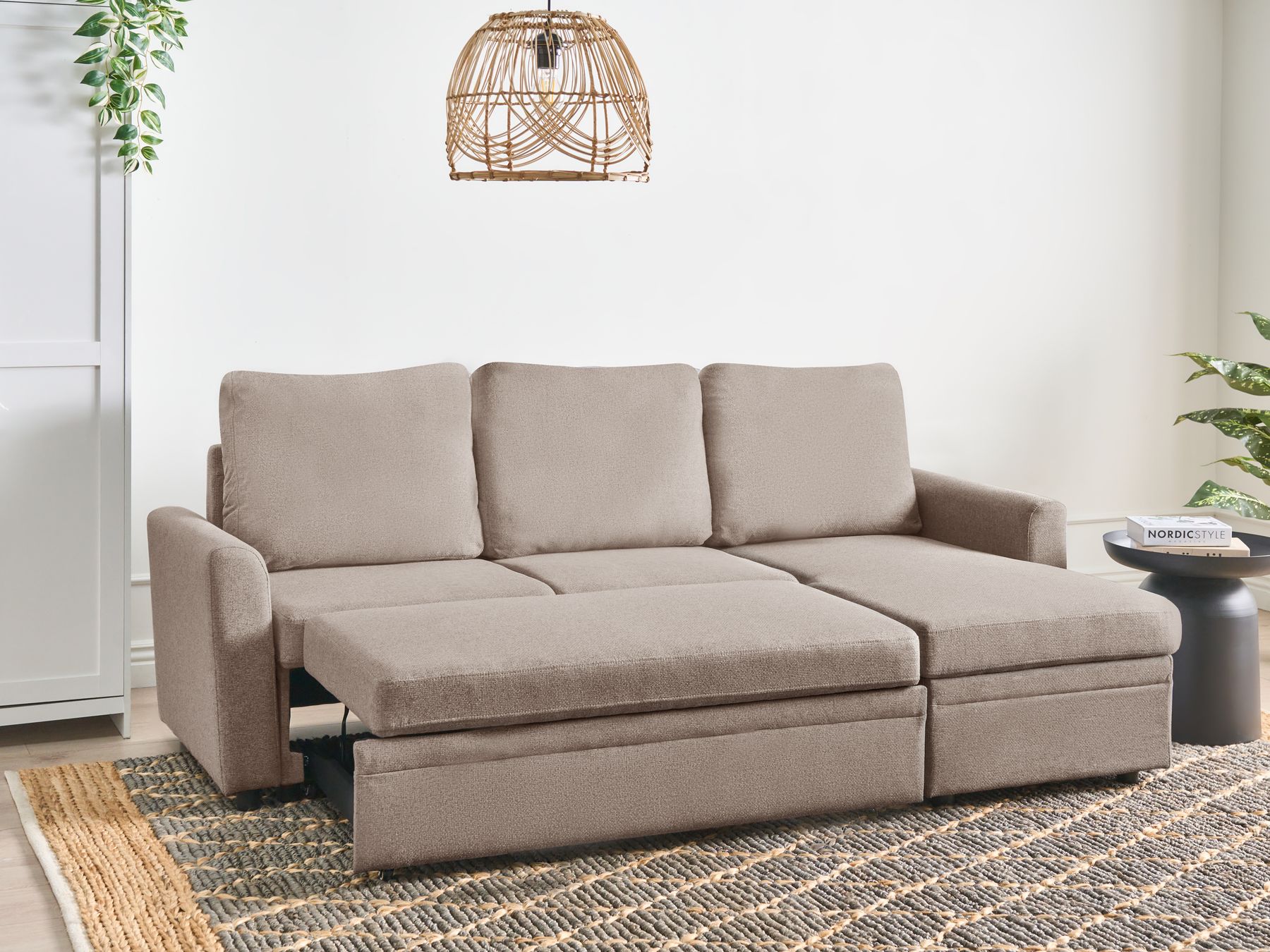 Corner Sofa Bed NASSJO Faux Linen Light Brown with Storage 3 Seater Left Hand