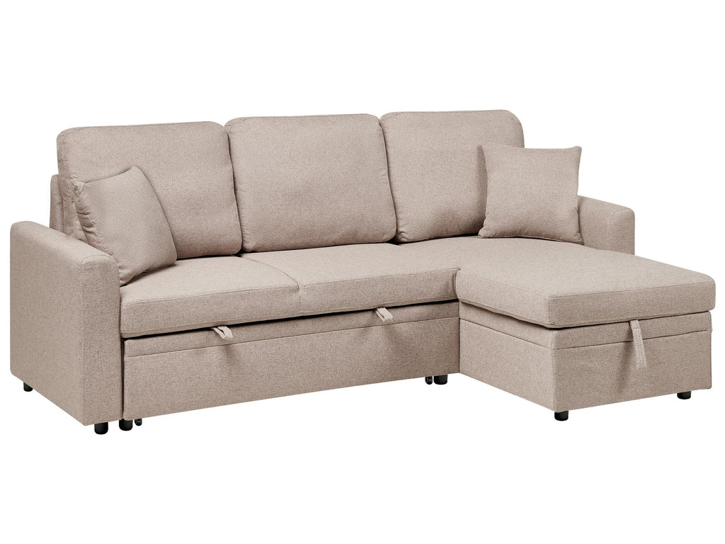 Corner Sofa Bed NASSJO Faux Linen Light Brown with Storage 3 Seater Left Hand