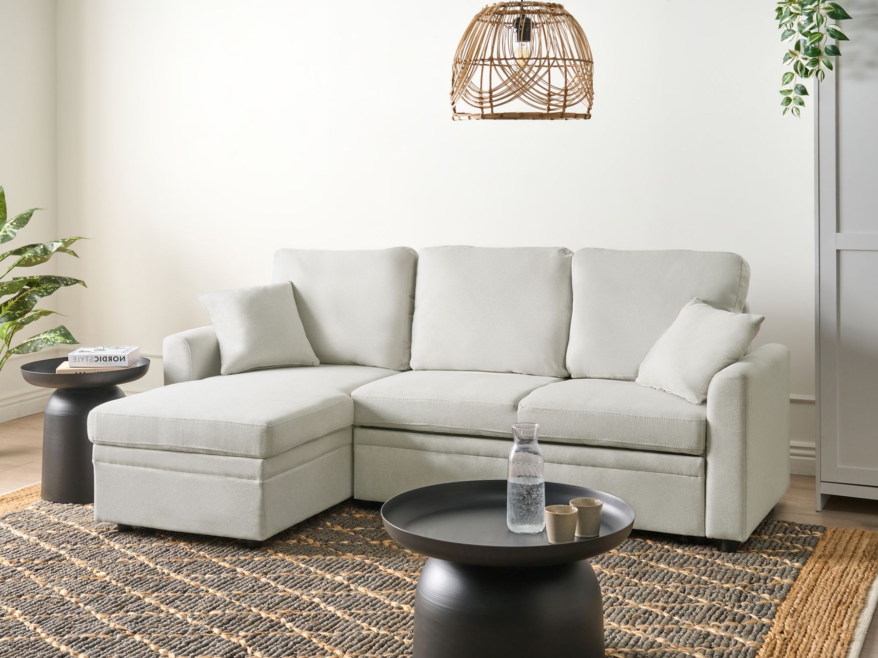 Corner Sofa Bed NASSJO Faux Linen Light Beige 3 Seater Right Hand