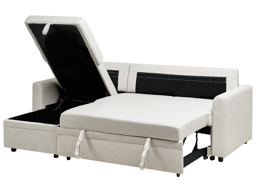 Corner Sofa Bed NASSJO Faux Linen Light Beige 3 Seater Right Hand