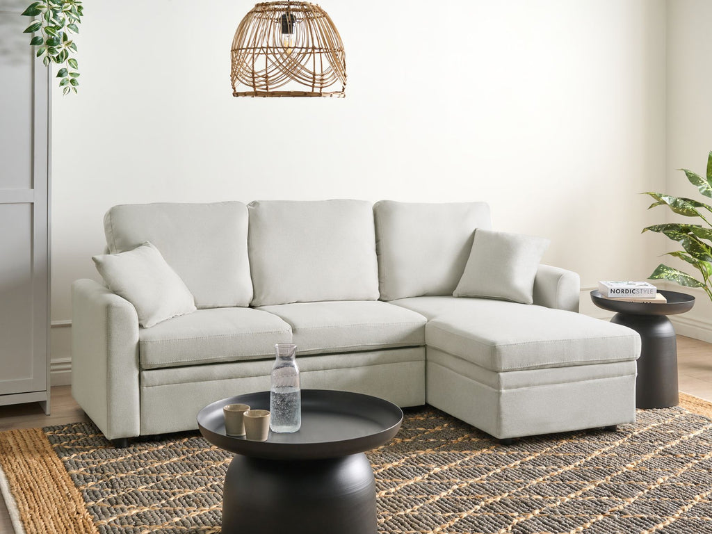 Corner Sofa Bed NASSJO Faux Linen Light Beige 3 Seater Left Hand