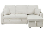 Corner Sofa Bed NASSJO Faux Linen Light Beige 3 Seater Left Hand