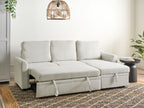 Corner Sofa Bed NASSJO Faux Linen Light Beige 3 Seater Left Hand
