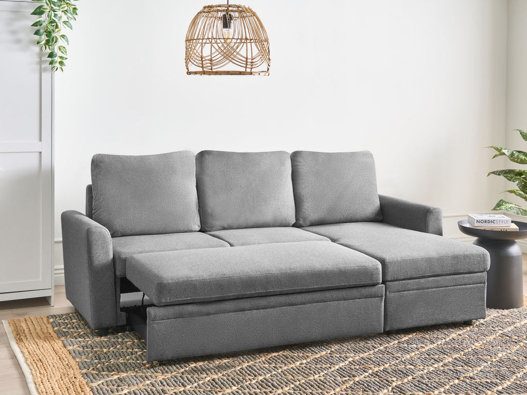 Corner Sofa Bed NASSJO Faux Linen Grey 3 Seater Left Hand