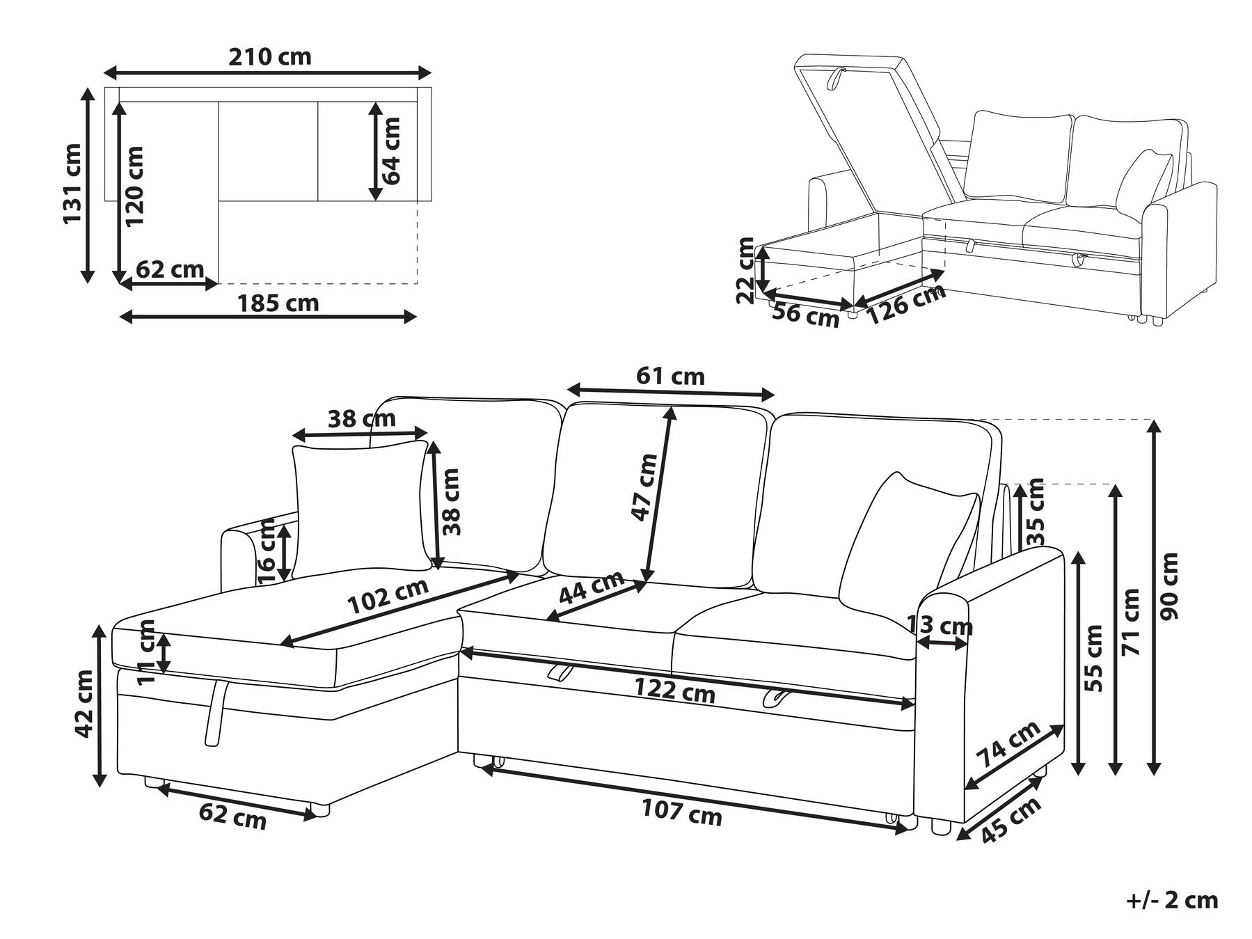Corner Sofa Bed NASSJO Faux Linen Grey 3 Seater Right Hand