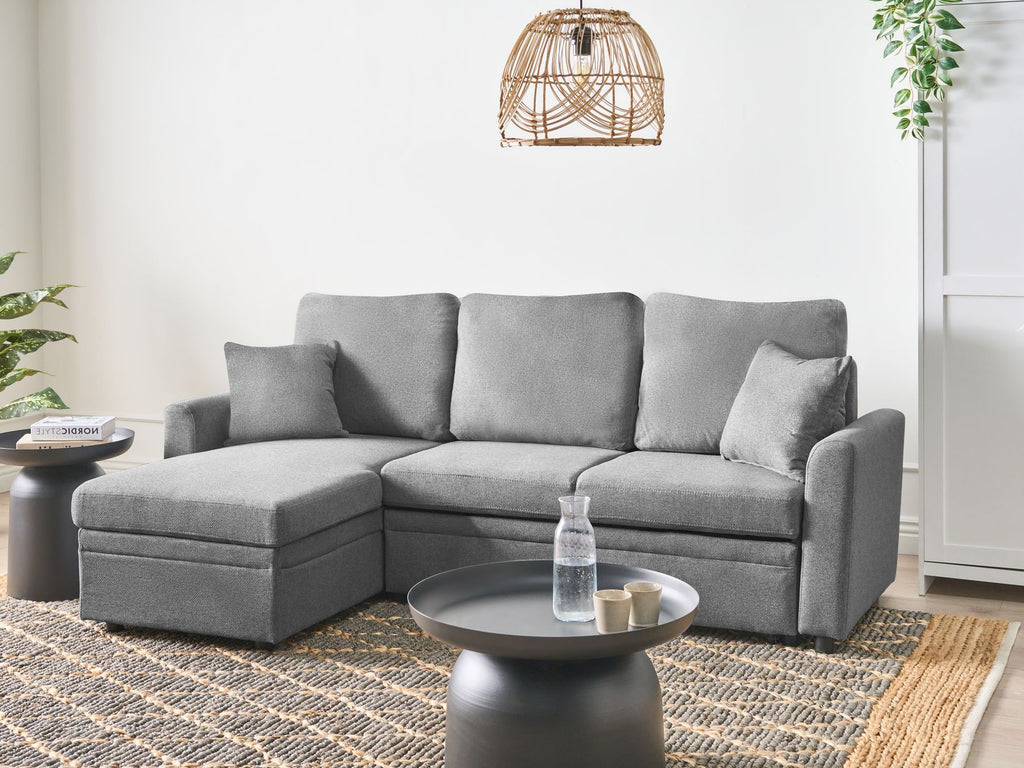 Corner Sofa Bed NASSJO Faux Linen Grey 3 Seater Right Hand