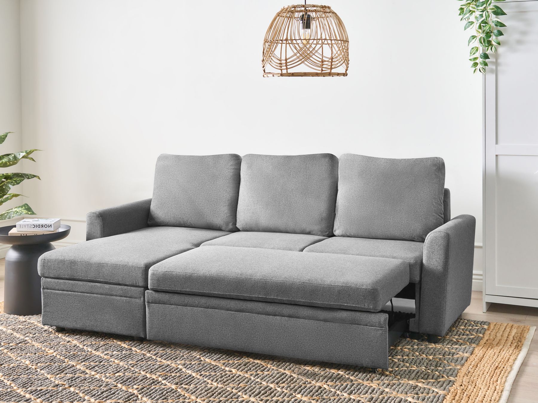 Corner Sofa Bed NASSJO Faux Linen Grey 3 Seater Right Hand