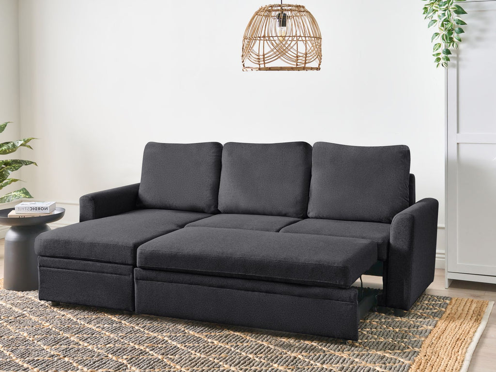 Corner Sofa Bed NASSJO Faux Linen Black 3 Seater Right Hand