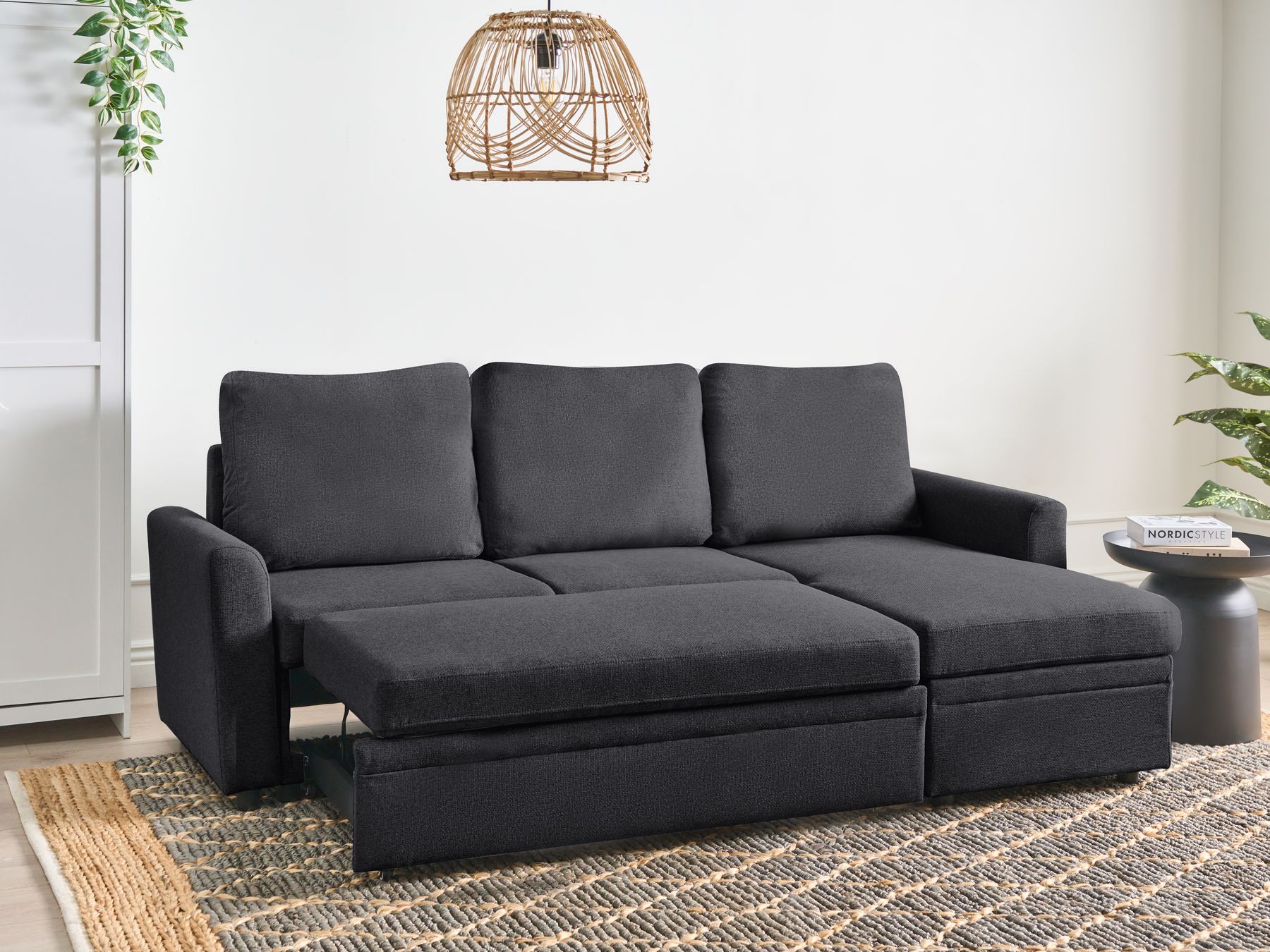 Corner Sofa Bed NASSJO Faux Linen Black 3 Seater Left Hand