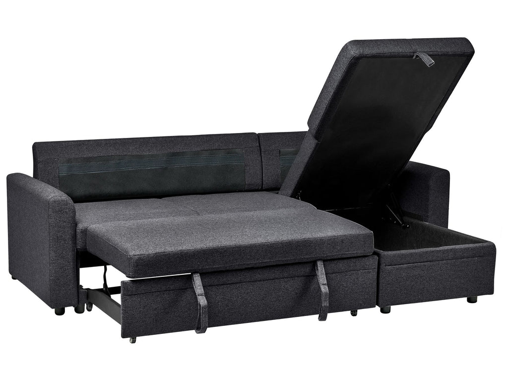 Corner Sofa Bed NASSJO Faux Linen Black 3 Seater Left Hand