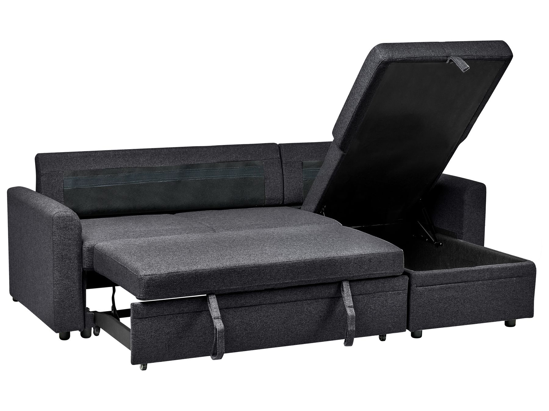 Corner Sofa Bed NASSJO Faux Linen Black 3 Seater Left Hand